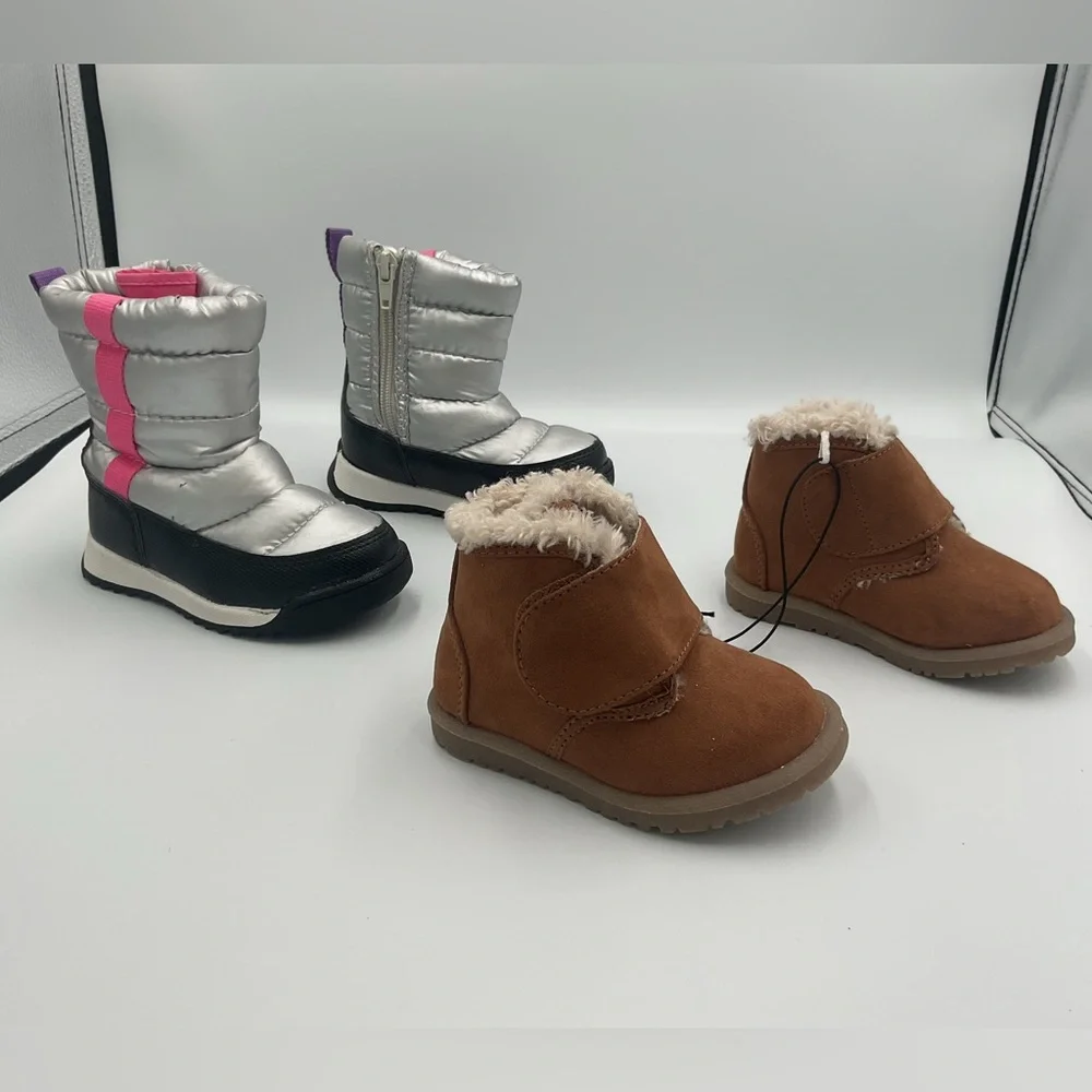 Lot x2 Wonder Nation Puffy Silver Winter Snow Boots Falls Creek Brown Fur Sz 5/6
